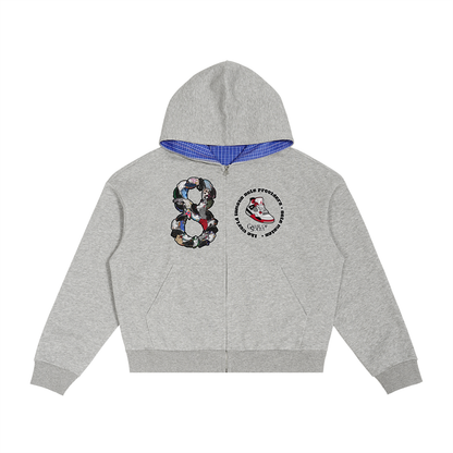 "AJ 8" Contrast Plaid Boxy Zip Hoodie