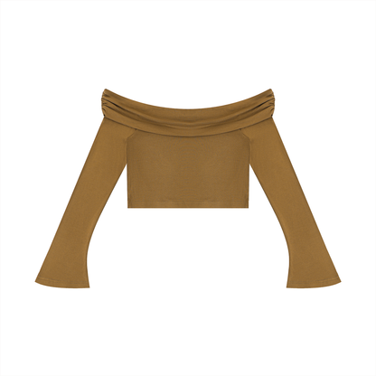 "Brooklyn Republic Essentials" Women's Off-the-Shoulder Bell Sleeve Crop