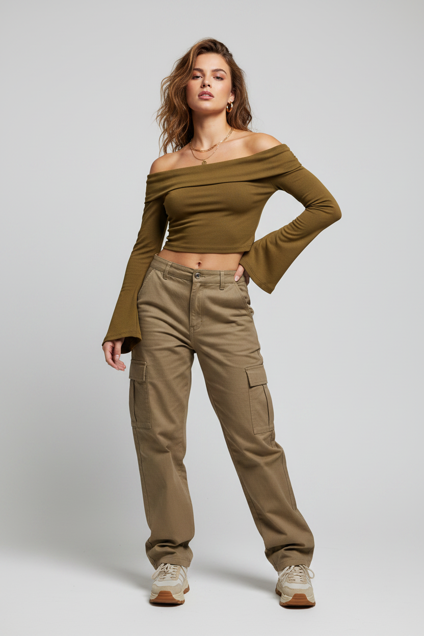 Brooklyn Republic Essentials™ Women's Off-the-Shoulder Bell Sleeve Crop