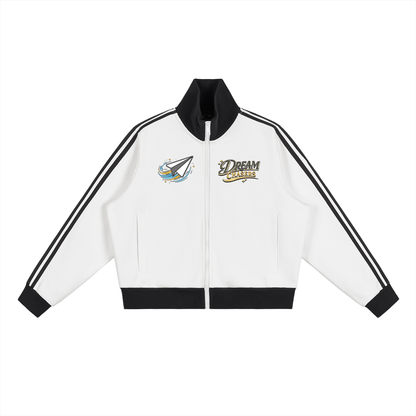 "DREAM CHASERS" Contrast Side Stripe Fleece Cropped Track Jacket