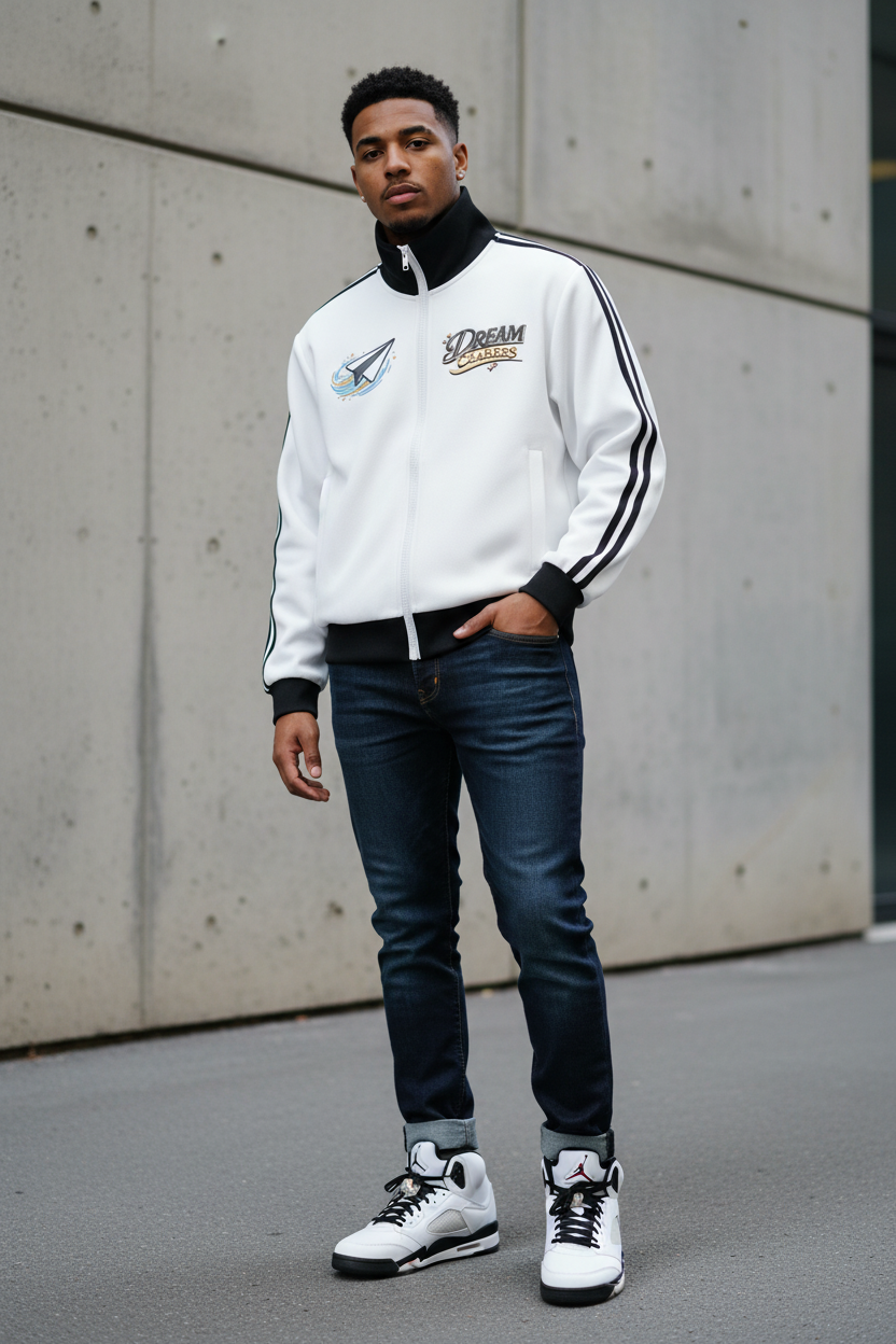 "DREAM CHASERS" Contrast Side Stripe Fleece Cropped Track Jacket