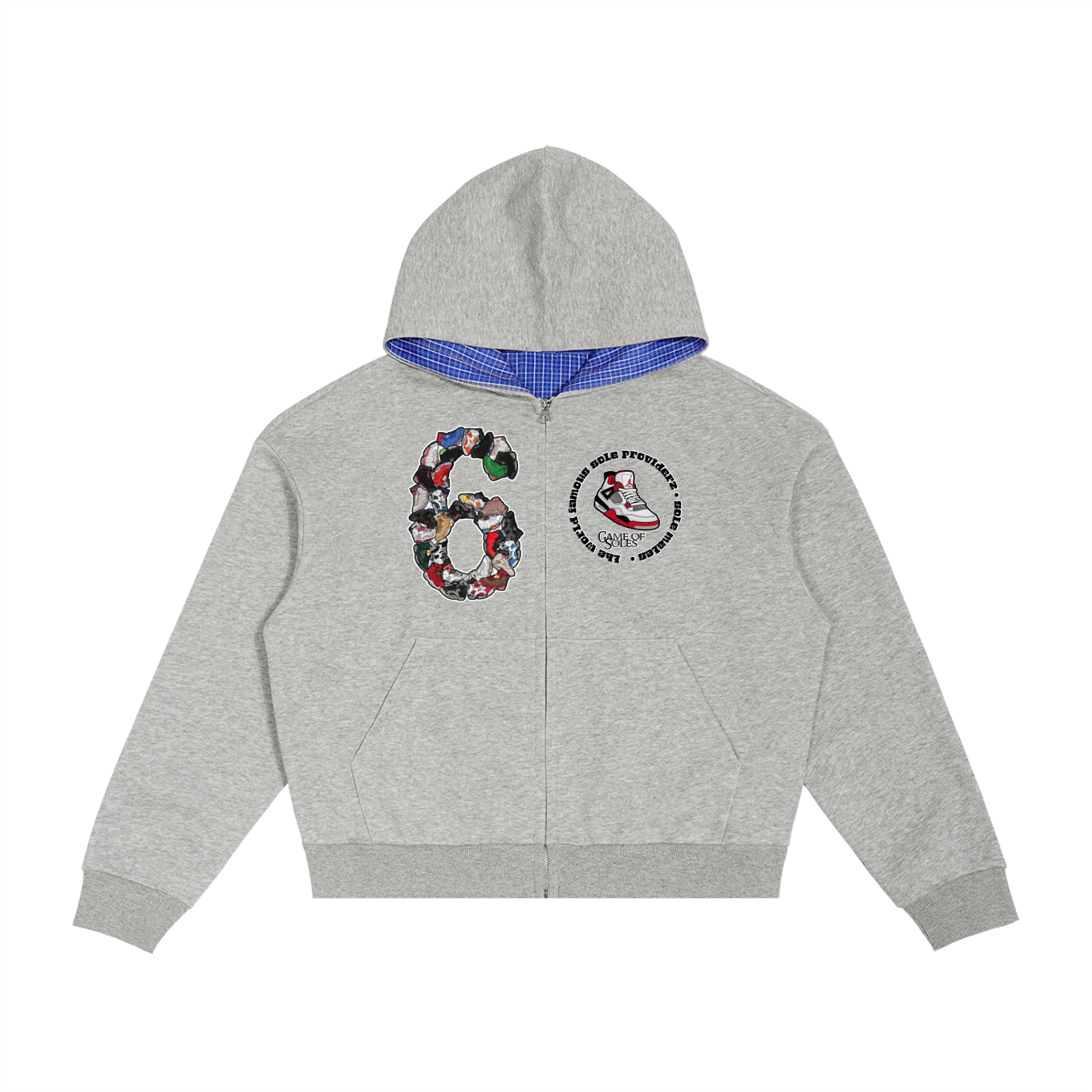 "AJ 6" Contrast Plaid Boxy Zip Hoodie