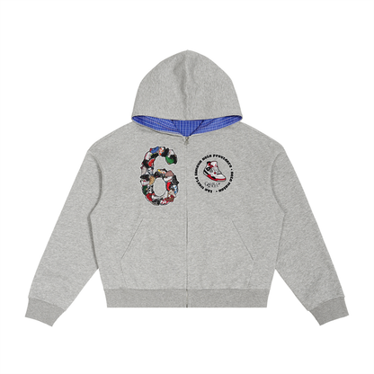 "AJ 6" Contrast Plaid Boxy Zip Hoodie