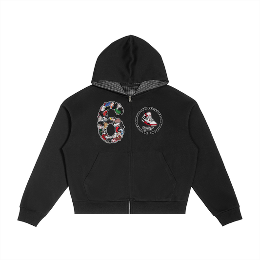 "AJ 6" Contrast Plaid Boxy Zip Hoodie
