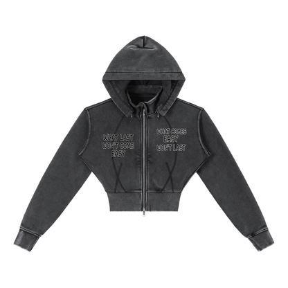 "STAY TRUE" Vintage Washed Cropped Fleece Hoodie