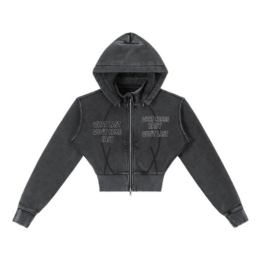 "STAY TRUE" Vintage Washed Cropped Fleece Hoodie
