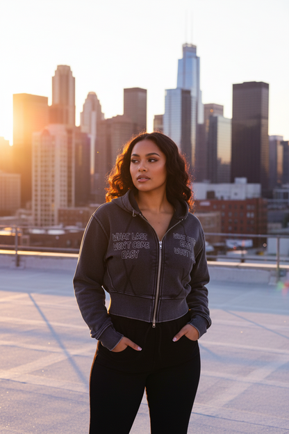 "STAY TRUE" Vintage Washed Cropped Fleece Hoodie