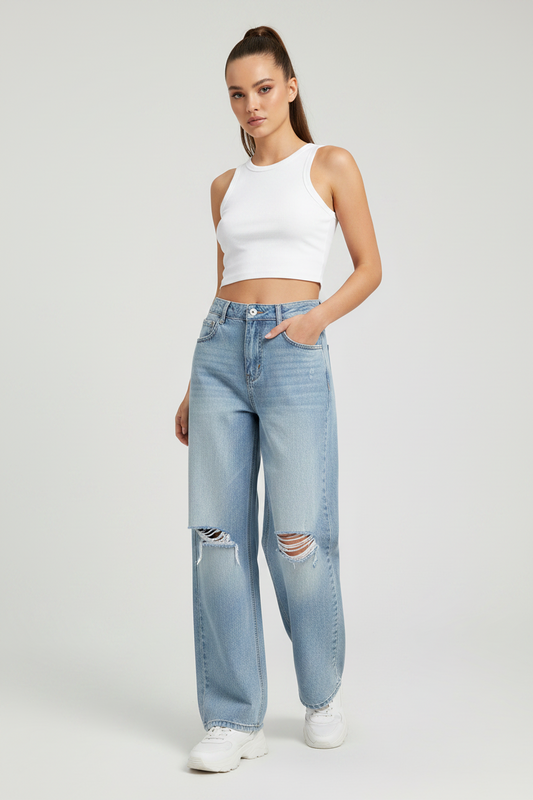 Brooklyn Republic Essentials™ Women's Vintage Wash Distressed Wide Leg Jeans