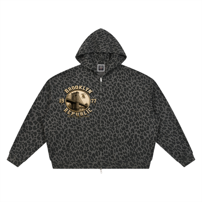 "Old Gold" Leopard Print Waffle Full Zip Hoodie