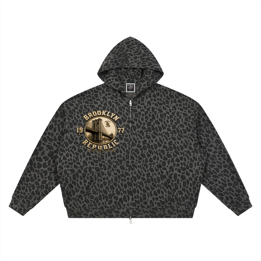 "Old Gold" Leopard Print Waffle Full Zip Hoodie