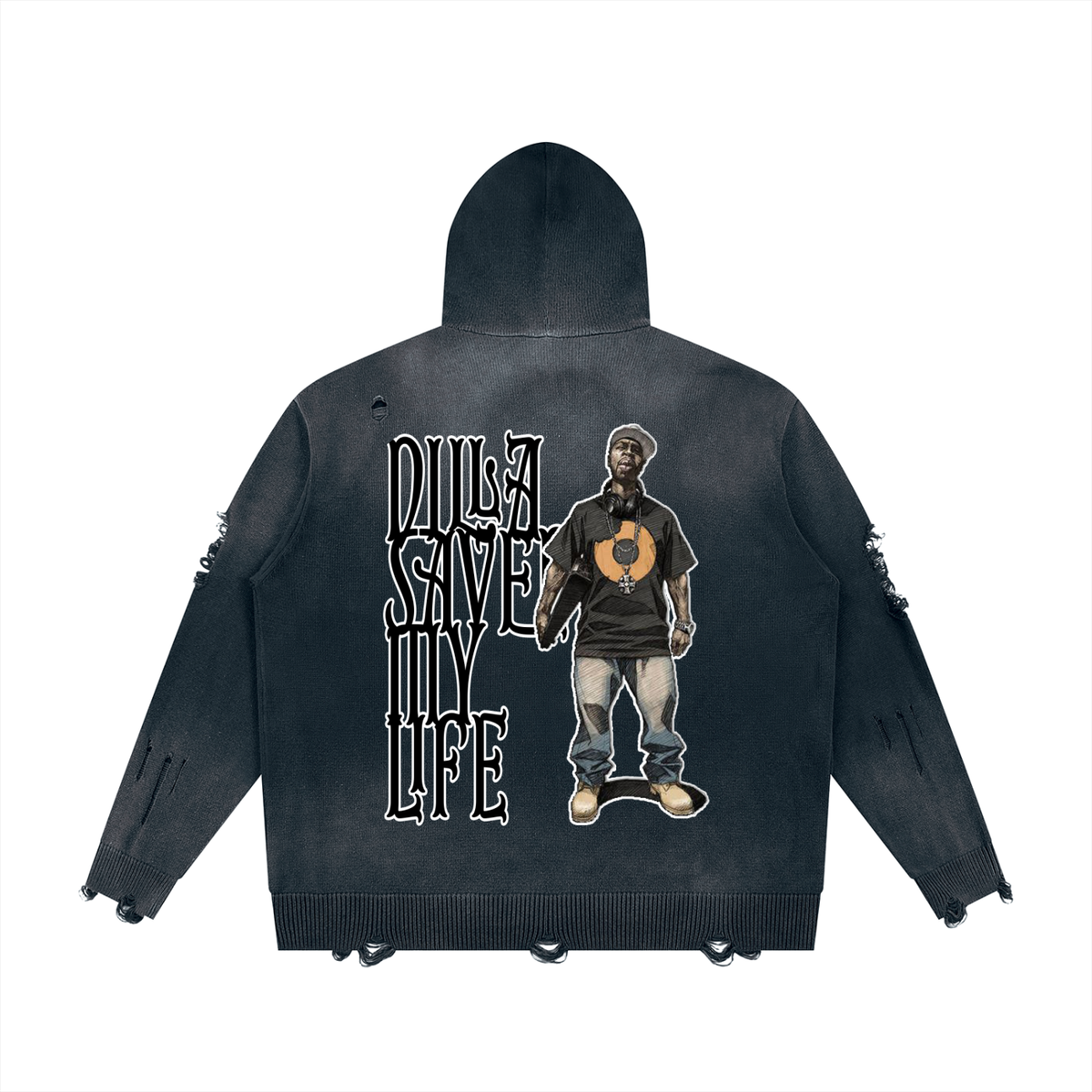 "Dilla Saved My Life" Distressed Full Zip Sweater