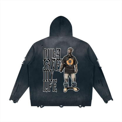 "Dilla Saved My Life" Distressed Full Zip Sweater