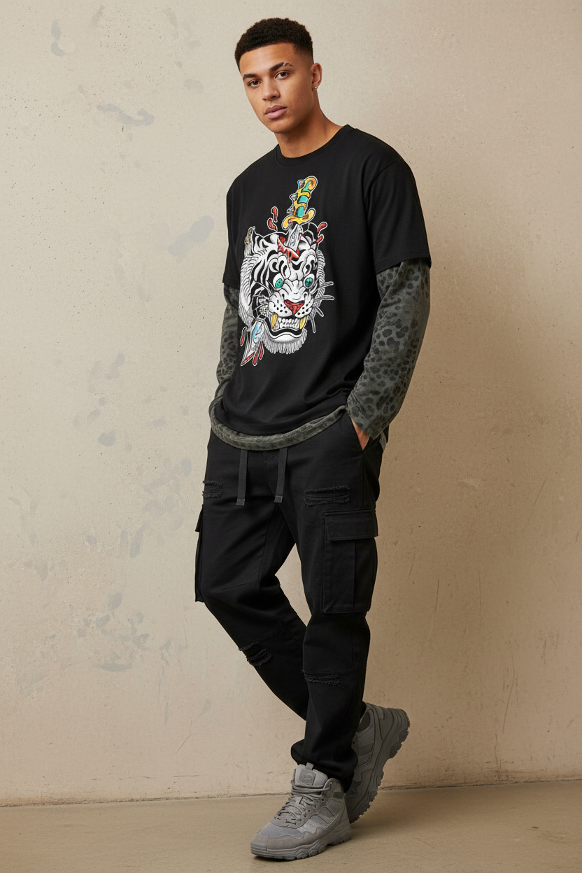 Brooklyn Zoo™ "Ed Hard-ly" Vintage Wash Leopard Paneled Layer T-Shirt