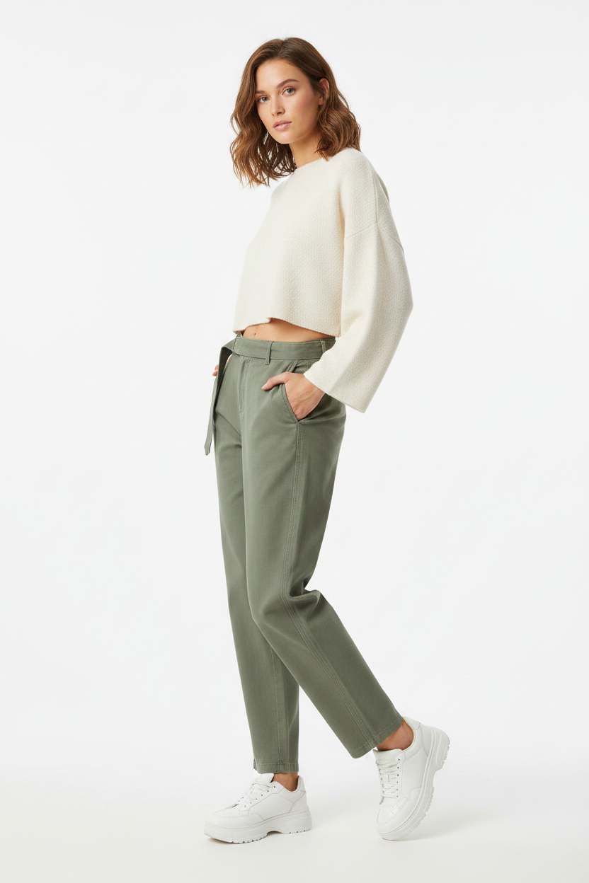 Women's Belted Barrel-leg Chino Pants