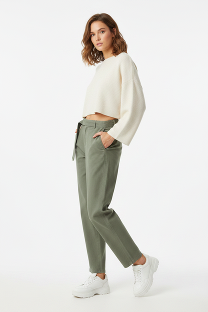 Women's Belted Barrel-leg Chino Pants