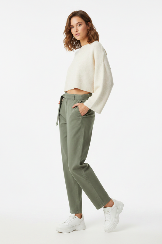 Women's Belted Barrel-leg Chino Pants