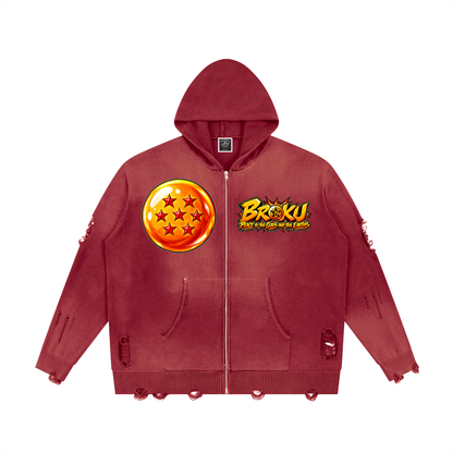 "Broku" Distressed Full Zip Sweater