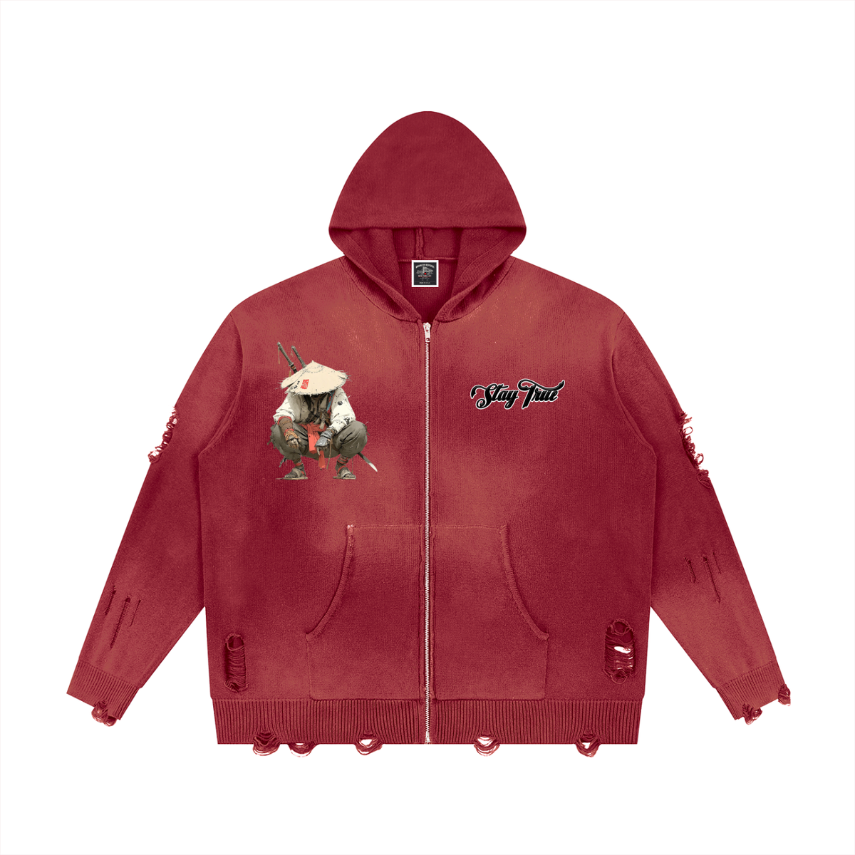 "Bushidokan" Distressed Full Zip Sweater