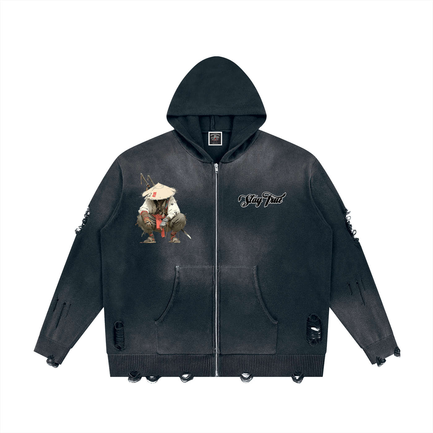 "Bushidokan" Distressed Full Zip Sweater