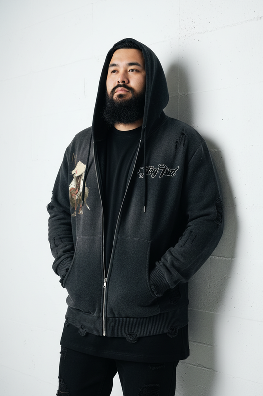 "Bushidokan" Distressed Full Zip Sweater
