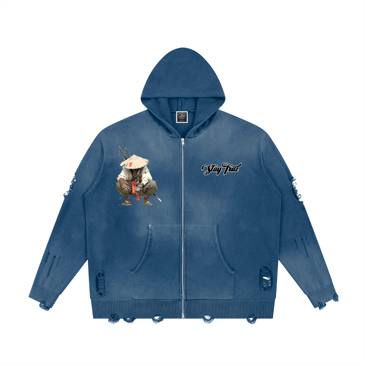 "Bushidokan" Distressed Full Zip Sweater