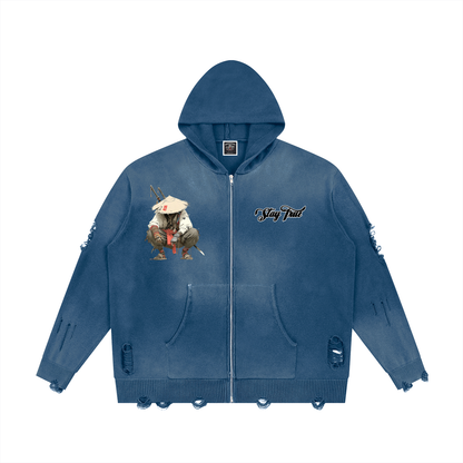 "Bushidokan" Distressed Full Zip Sweater