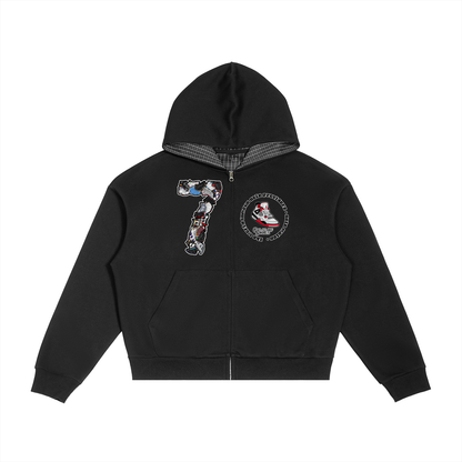 "AJ 7" Contrast Plaid Boxy Zip Hoodie