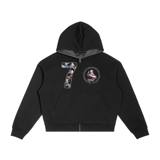 "AJ 7" Contrast Plaid Boxy Zip Hoodie