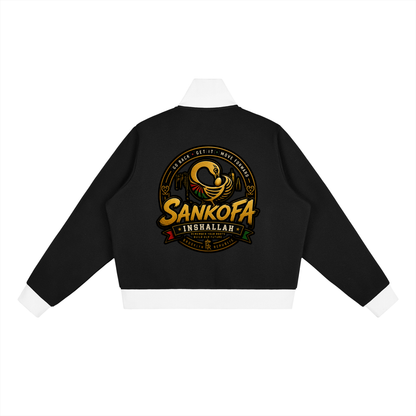 "Sankofa" Contrast Side Stripe Fleece Cropped Track Jacket