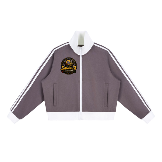 "Sankofa" Contrast Side Stripe Fleece Cropped Track Jacket