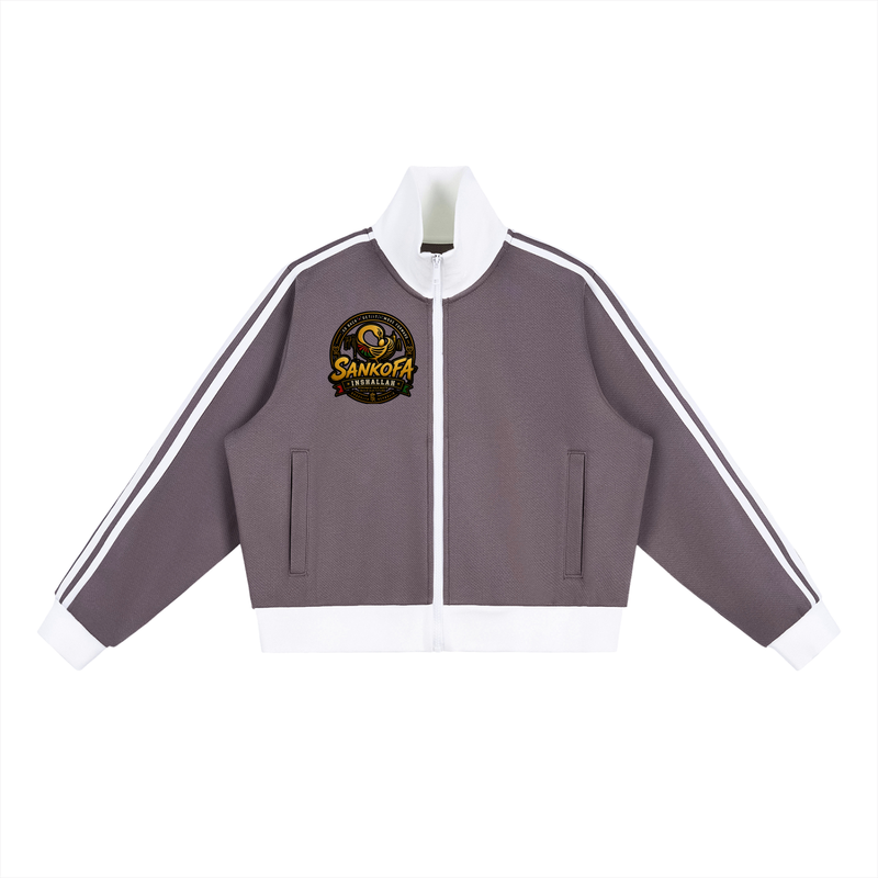 "Sankofa" Contrast Side Stripe Fleece Cropped Track Jacket
