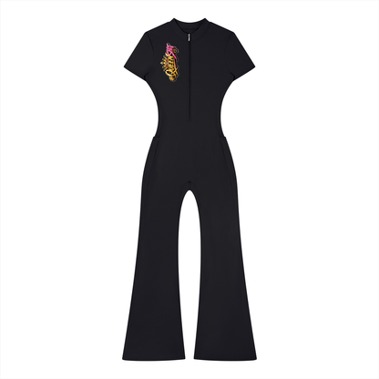 "QUEEN" Women’s Tight Flared Leg Quarter-Zip Jumpsuit