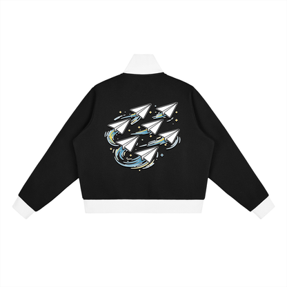 "DREAM CHASERS" Contrast Side Stripe Fleece Cropped Track Jacket