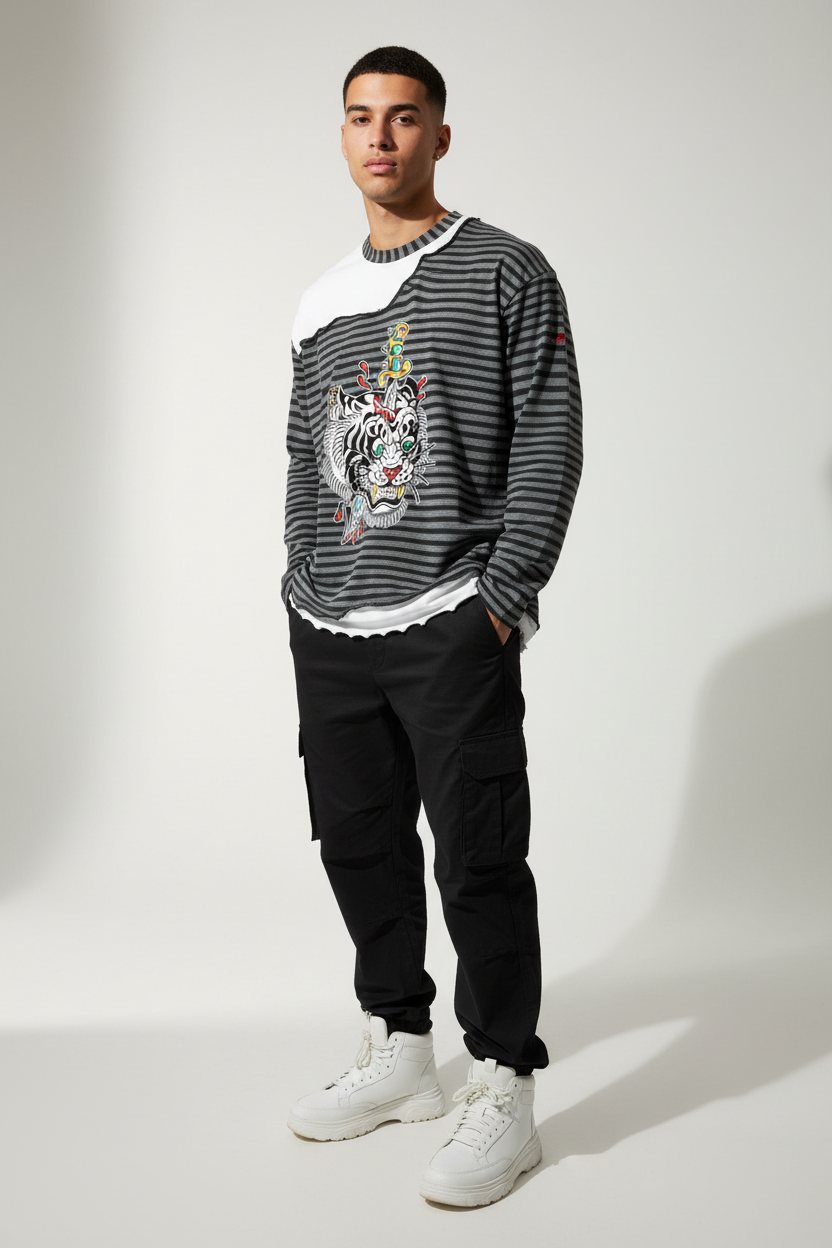 Brooklyn Zoo™ "Ed Hard-ly" Striped Panel Boxy Long Sleeve T-Shirt