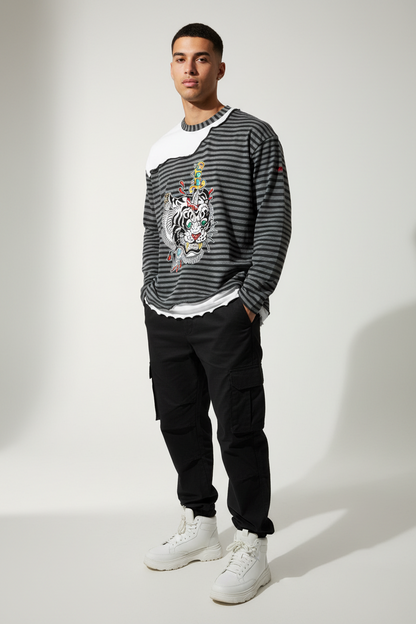 Brooklyn Zoo™ "Ed Hard-ly" Striped Panel Boxy Long Sleeve T-Shirt