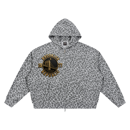 "Golden Standard" Leopard Print Waffle Full Zip Hoodie