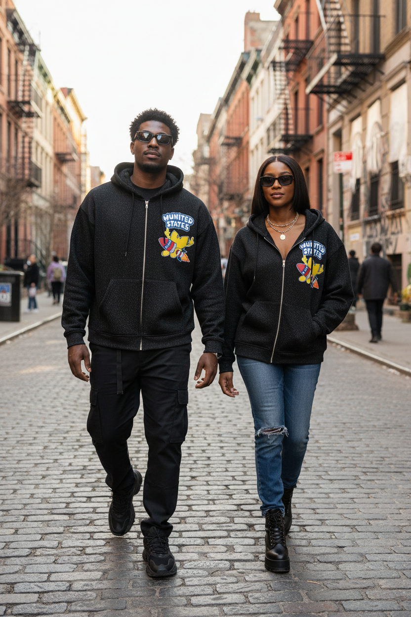 PYN™ "WUSA" Unisex Sparkles Full Zip Boxy Hoodie