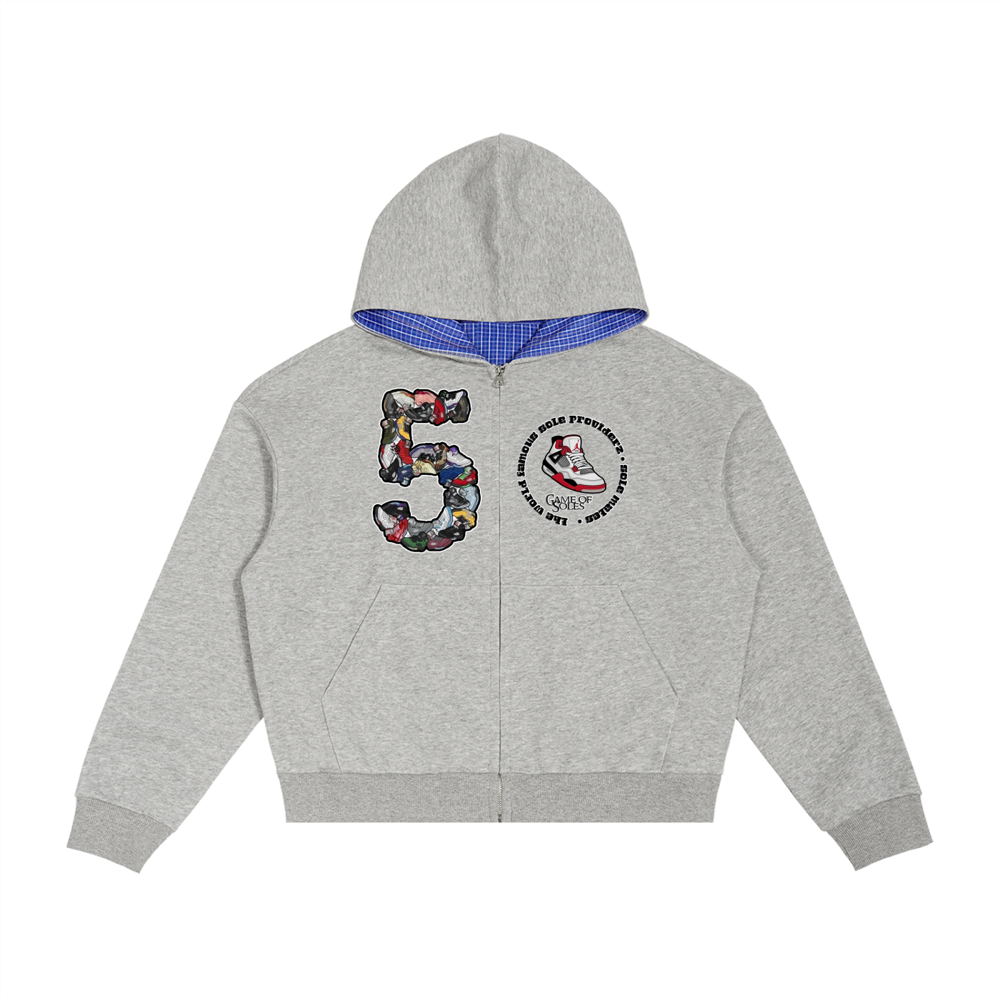 "AJ 5" Contrast Plaid Boxy Zip Hoodie