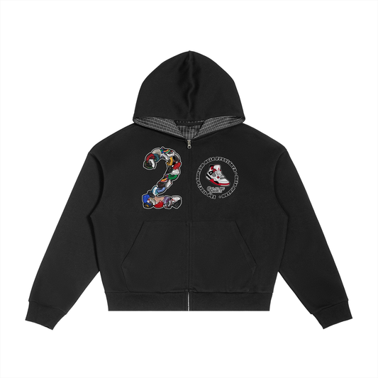 "AJ 2" Contrast Plaid Boxy Zip Hoodie