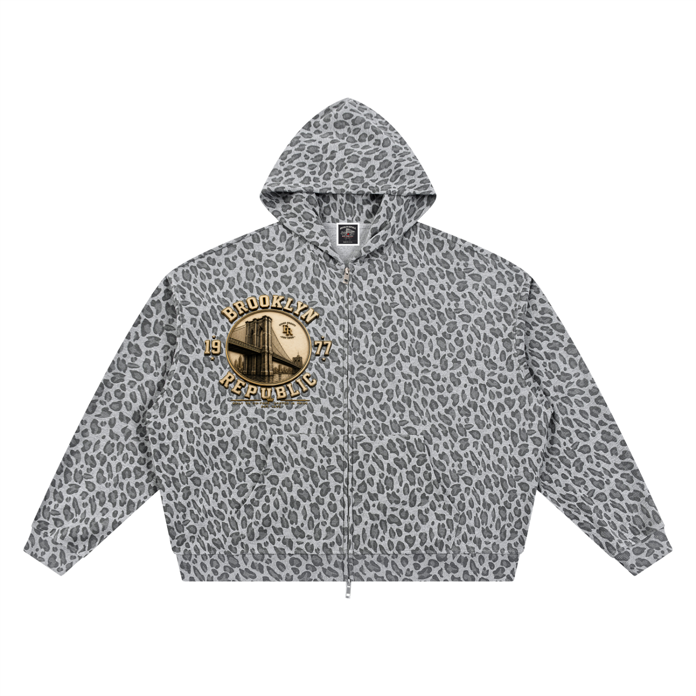 "Old Gold" Leopard Print Waffle Full Zip Hoodie