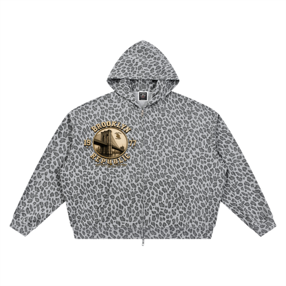 "Old Gold" Leopard Print Waffle Full Zip Hoodie