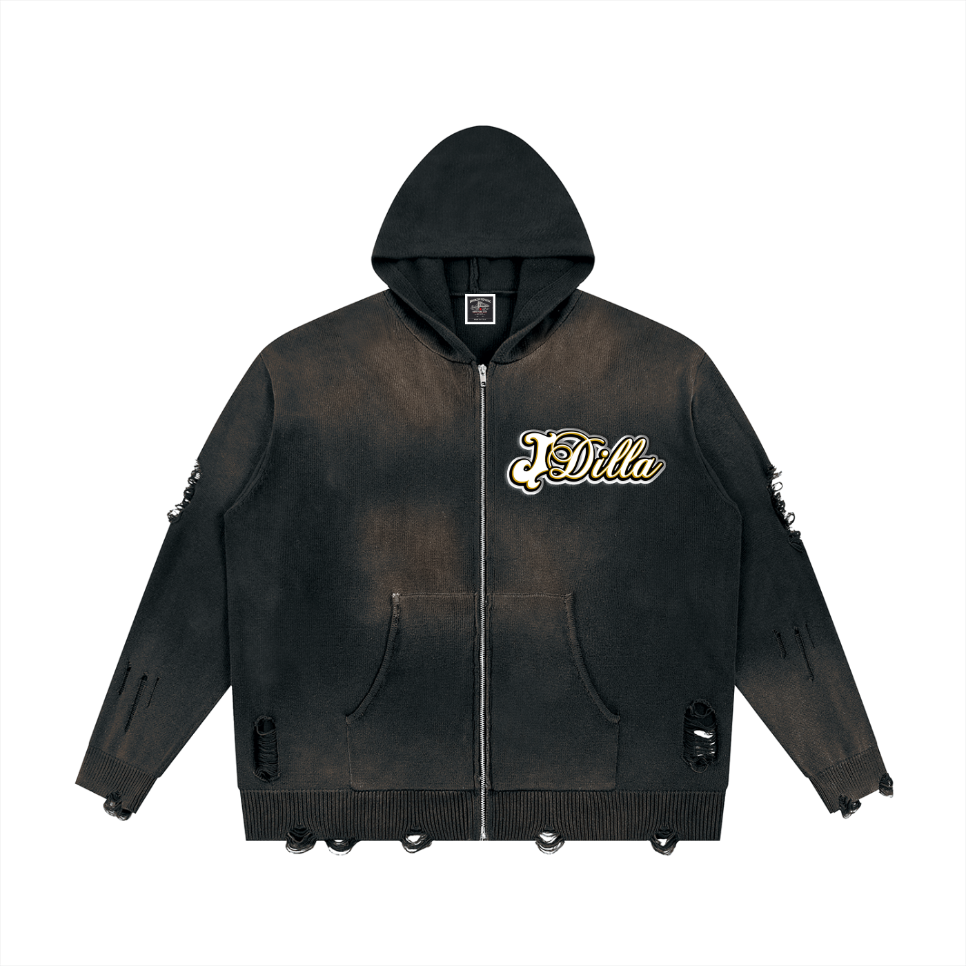 "Dilla Saved My Life" Distressed Full Zip Sweater