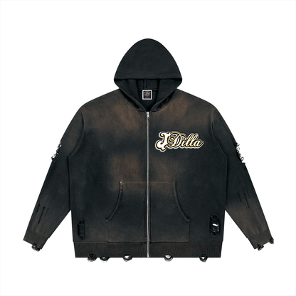 "Dilla Saved My Life" Distressed Full Zip Sweater
