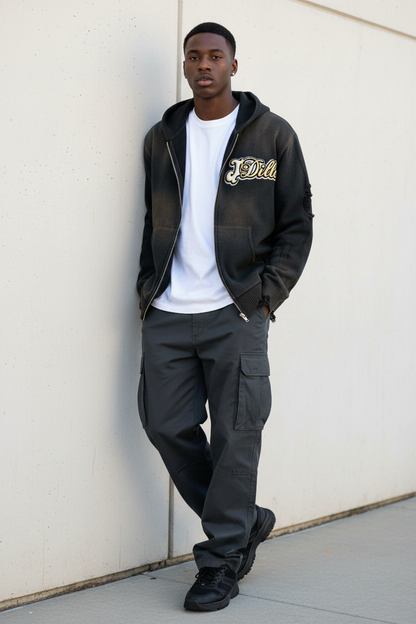 "Dilla Saved My Life" Distressed Full Zip Sweater