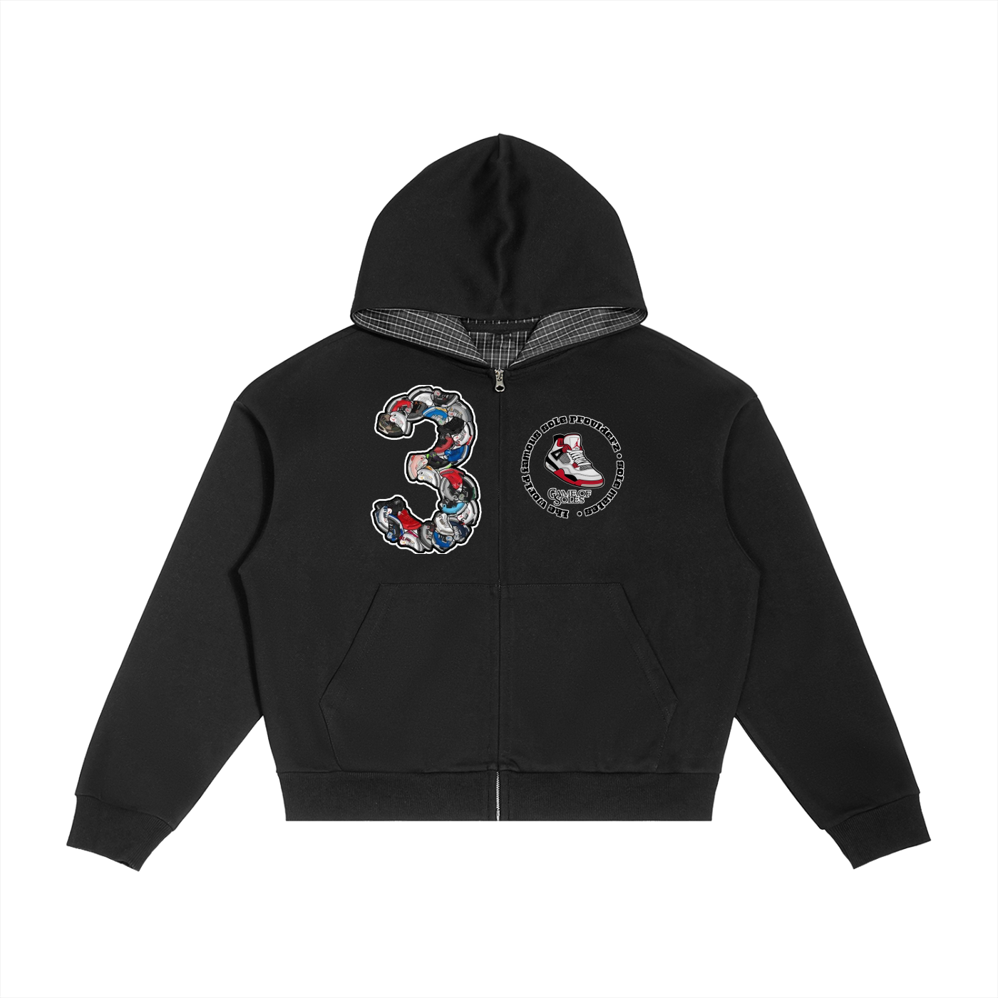 "AJ 3" Contrast Plaid Boxy Zip Hoodie