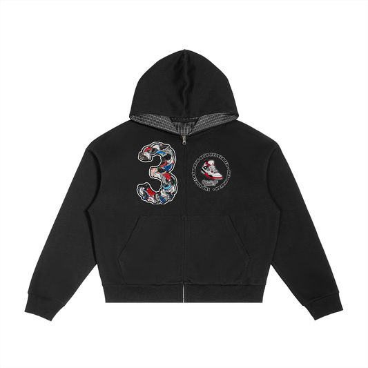 "AJ 3" Contrast Plaid Boxy Zip Hoodie