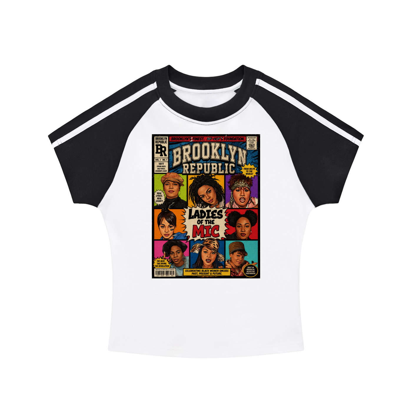 "Ladies First Comic Vol.1" Contrast Stripes Bodycon Raglan T-Shirt