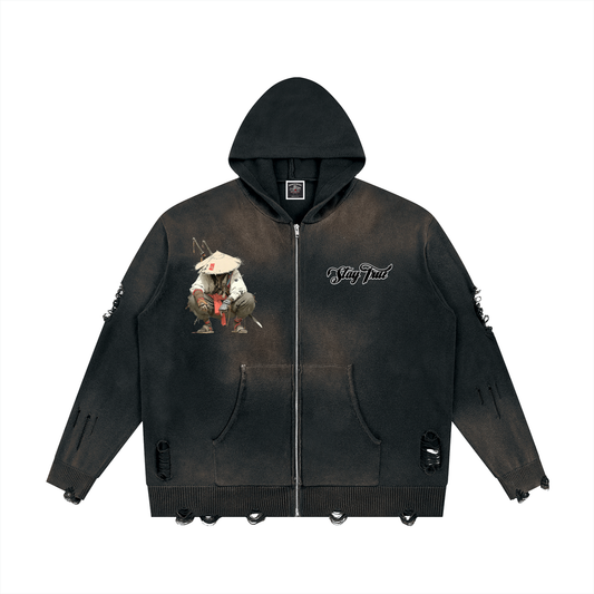 "Bushidokan" Distressed Full Zip Sweater