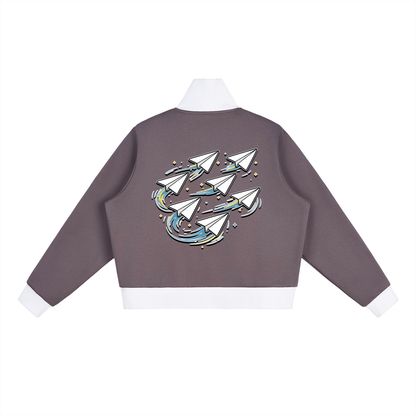 "DREAM CHASERS" Contrast Side Stripe Fleece Cropped Track Jacket