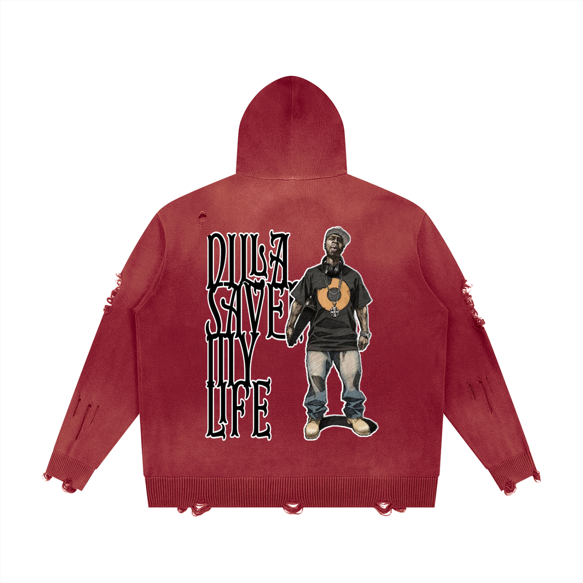 "Dilla Saved My Life" Distressed Full Zip Sweater